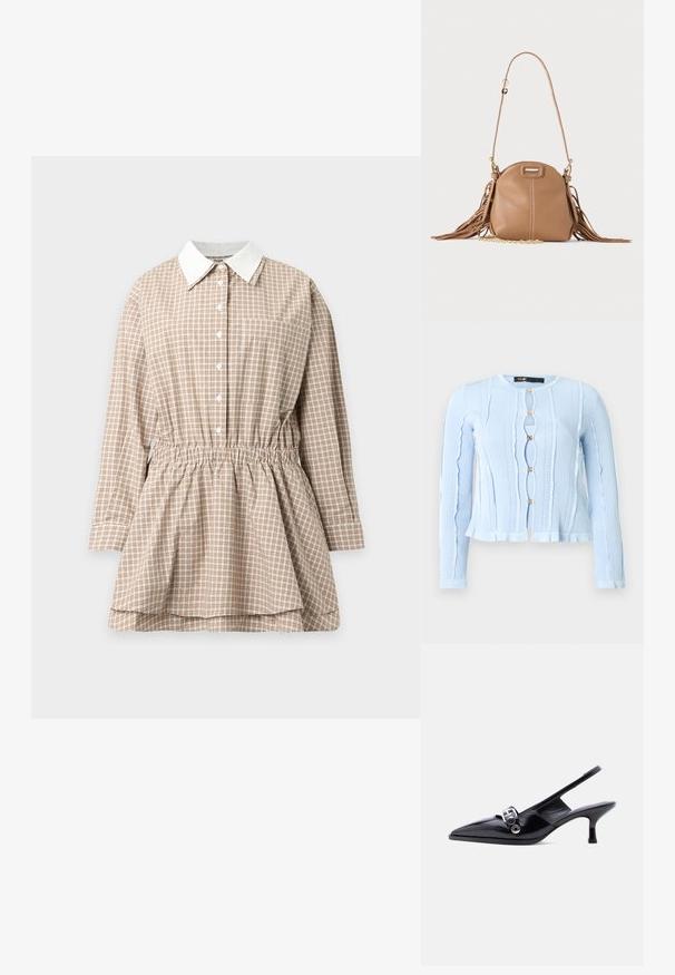 Cardigan en tricot bleu clair à manches longues avec des bords ondulés, des motifs texturés verticaux et cinq boutons décoratifs dorés sur le devant.; Robe beige à carreaux à manches longues avec col blanc pointu, fermeture boutonnée sur le devant, taille élastique et ourlet de jupe froncé, présentée sur fond uni.; Chaussure à talon bas en cuir verni noir avec bride arrière, bout pointu et détail boucle argentée sur fond blanc uni.; Petit sac à bandoulière en cuir fauve avec longue bandoulière, détail chaîne dorée et franges des deux côtés sur un fond neutre.