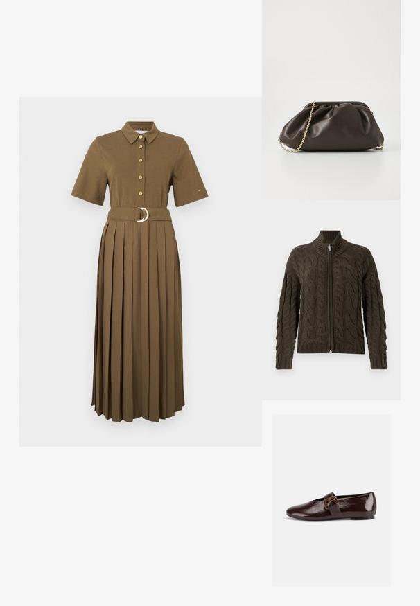 Cardigan avec fermeture éclair en tricot torsadé de couleur olive foncé. Il dispose d'un col à côtes, d'un motif texturé et d'une fermeture éclair en argent.; Robe chemise marron à manches courtes avec col, fermeture à boutons, taille cintrée avec ceinture dotée d'une boucle ronde en métal, et jupe plissée.; Chaussure plate en cuir verni marron foncé avec une large bride à boucle dorée et un bout arrondi, présentée de profil sur fond blanc.; Sac à main en cuir marron avec un design froncé, une bandoulière en chaîne dorée et une finition douce et texturée. Sa forme compacte est idéale pour une utilisation en soirée.