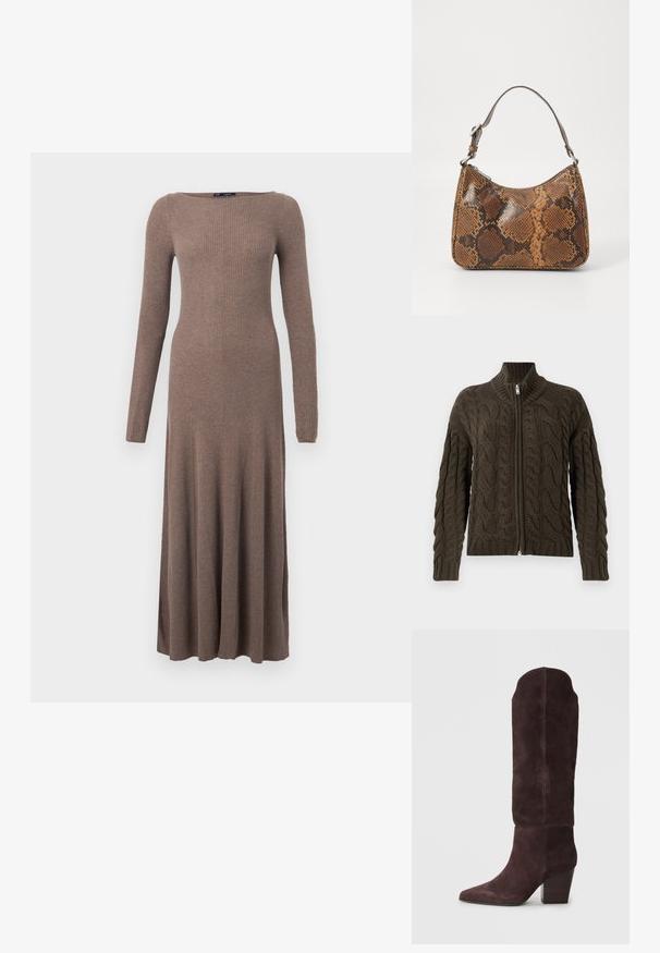 Cable-knit zip-up cardigan i mørke olivengrøn. Har en ribbet krave, tekstureret mønster og en sølvfarvet lynlåslukning.; Lang brun ribstrikket kjole med lange ærmer og bådudskæring, med en tætsiddende overdel, der flår ud mod kanten.; Knehøje suede støvler i mørk lilla, med spidse tæer og en kraftig træhæl, smidig tekstur og minimalistisk design.; Lille håndtaske med brun og sort slangeskinn mønster, kort justerbar rem og lynlåslukning.