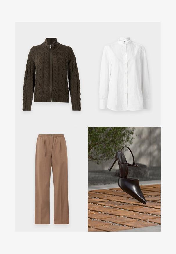 Cardigan avec fermeture éclair en tricot torsadé de couleur olive foncé. Il dispose d'un col à côtes, d'un motif texturé et d'une fermeture éclair en argent.; Chemise blanche à manches longues avec col montant, présentant une texture lisse et une patte subtile avec des boutons circulaires.; Pantalons marron à jambes larges avec une taille élastique et une fermeture à bouton. Texture lisse avec un léger éclat et sans motifs visibles.; Mule noire brillante à talons hauts avec bout pointu et bride à la cheville, suspendue au-dessus d'une surface carrelée en terre cuite avec des interstices remplis de gravier.