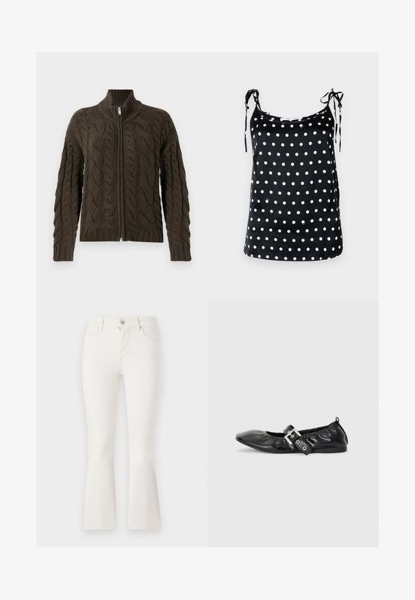 Cable-knit zip-up cardigan i mørke olivengrøn. Har en ribbet krave, tekstureret mønster og en sølvfarvet lynlåslukning.; Sort ærmeløs top med hvide polkaprikker, med justerbare bindebånd og en glat tekstur. Casual design, lige kant.; Hvide flaired jeans lavet af denim med en tætsiddende talje, fem lommer og en lynlåslukning foran. Glat tekstur og et rent design.; Sorte læder flade sko med spids tå, samling detaljer omkring åbningen, og en sølv spænde accent på den justerbare rem.