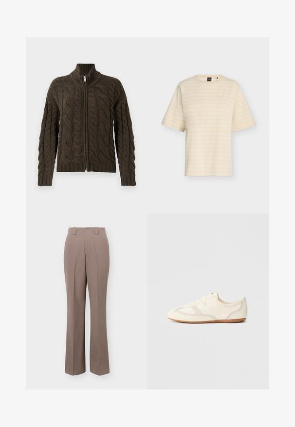 Cable-knit zip-up cardigan i mørke olivengrøn. Har en ribbet krave, tekstureret mønster og en sølvfarvet lynlåslukning.; Beige T-shirt med korte ærmer med subtile, hvide, vandrette striber og en lille broderet logo på venstre bryst.; Taupe bukser med højtaljet og lige ben, udstyret med bæltestropper og et forreste foldedetalje.; Sneakers i cremefarve med overdel i ruskind og stof, rundet tå og gummisål med beige detaljer. Snørelukning.