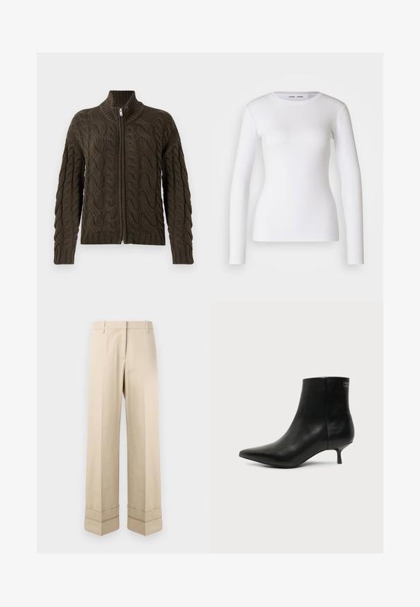 Cable-knit zip-up cardigan i mørke olivengrøn. Har en ribbet krave, tekstureret mønster og en sølvfarvet lynlåslukning.; Hvid langærmet skjorte lavet af ribbet stof, med runde udskæring og tætsiddende pasform. Ingen mønstre eller accenter er til stede.; Beige bukser med lige pasform, der har en dobbelt manchet i kanten og en flad frontdesign. Lavet af glat, slidstærkt stof.; Sort læder ankelstøvle med spids tå og lav kitten hæl på lys baggrund, der viser yderside.