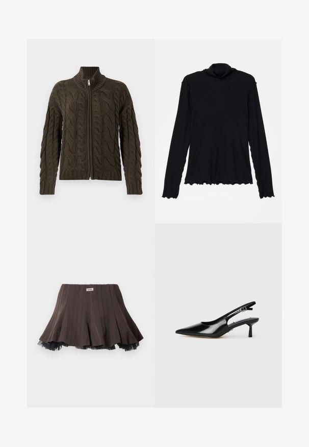 Cable-knit zip-up cardigan i mørke olivengrøn. Har en ribbet krave, tekstureret mønster og en sølvfarvet lynlåslukning.; Rodebjer CISNE - Langærmet T-shirt - black; Brun plisseret nederdel med et tekstureret stof, der har et lagdelt sort tylkant ved kanten og et lille logomærke på taljebåndet.; Sorte patenterede slingback hæle med spids tå, tynd hæl og justerbar spænde-rem. Glat tekstur med minimal udsmykning.