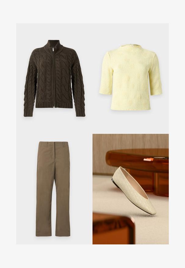 Cardigan avec fermeture éclair en tricot torsadé de couleur olive foncé. Il dispose d'un col à côtes, d'un motif texturé et d'une fermeture éclair en argent.; Haut à manches courtes légèrement texturé de couleur jaune pâle avec un col montant et un motif discret de petits pois. Il comporte une fermeture au dos pour un enfilage facile.; Pantalons droits marron en tissu mélangé de coton. Comprend des passants de ceinture, une poche avant et une texture lisse sans motifs.; Chaussure plate beige avec des perforations géométriques flottant au-dessus d'un tapis clair dans une pièce avec des meubles de couleur ambre.