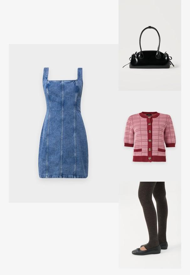 Roosa ja burgundia värvi kudum, lühikeste varrukatega, suurte nuppudega ees, ruuduline muster ja kaks eesmist taskut.; Denimkleit ruudulise kraega, siluetti rõhutav ning vertikaalsete õmblustega. Helesinine värv ja keskmise kaaluga kangas, millel on sile tekstuur.; Jalad seljas tumedad soonelises soonelises kombines mustade baleriinadega, millel on väikesed paelade detailid valgel taustal.; Väike must läikiv käekott kahe pika sangaga ja külgedel paelakinnitustega, ühel lihtsal helel taustal.