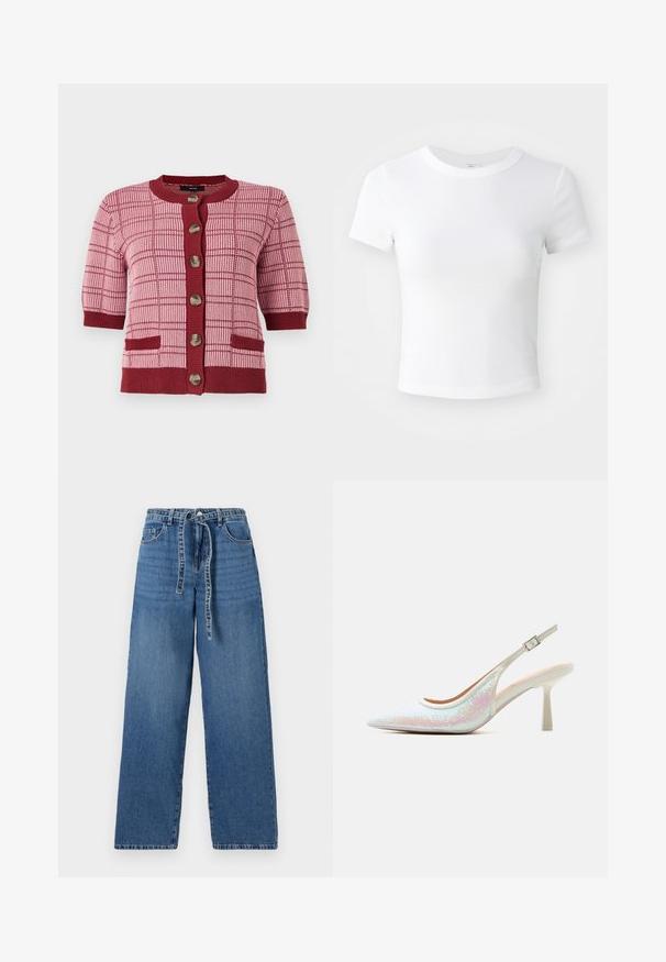 Cárdigan de punto rosa y burdeos con mangas cortas, grandes botones en la parte delantera, patrón a cuadros y dos bolsillos frontales.; Camiseta corta de manga corta blanca, con cuello redondo, exhibida sobre un fondo neutral claro.; Jeans de denim azul claro de pierna ancha con cintura alta, que presentan un cierre con lazo, dos bolsillos frontales y un patrón ligeramente deslavado.; Tacón slingback blanco con lentejuelas, punta puntiaguda, correa ajustable y stiletto delgado de altura media sobre un fondo claro y liso.