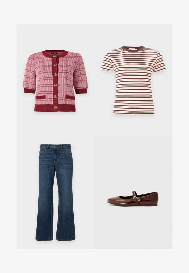 Roze en bordeaux gebreide cardigan met korte mouwen, grote knopen aan de voorkant, geblokt patroon en twee voork zakken.; Korte mouwen ribgebreid T-shirt met horizontale strepen in roze, bruin en crème, met een bruine ronde halslijn.; Donkerblauwe wijde jeans met klassiek ontwerp met vijf zakken, voorzien van een knoopsluiting en subtiele vervaging. Gemaakt van denimstof.; Bruine gepatineerde leren balletschoen met een vierkante neus en een bandje met een kleine gouden gesp. Gladde textuur, lage hak en minimalistisch ontwerp.