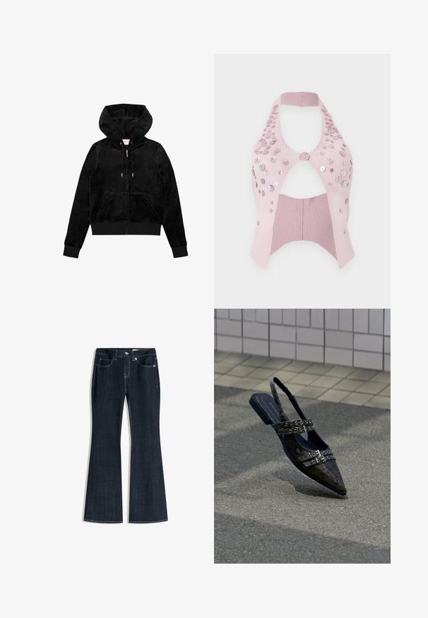 Sort fløjl zip-up hættetrøje med en frontlomme, guld hardware og en foret hætte med en subtil logo-detalje på brystet.; Lyserød ribbet kort top med halterneck, udført med udskæringer, pyntet med forskellige størrelser af blanke knapper på den ene side.; Mørkeblå denimjeans med høj talje, forlommer, knap- og lynlåslukning samt vide ben.; Spidse slingback-sko i sort imiteret slangeskind med dobbelt spænde og lav hæl, der har en glat tekstur og moderne design.
