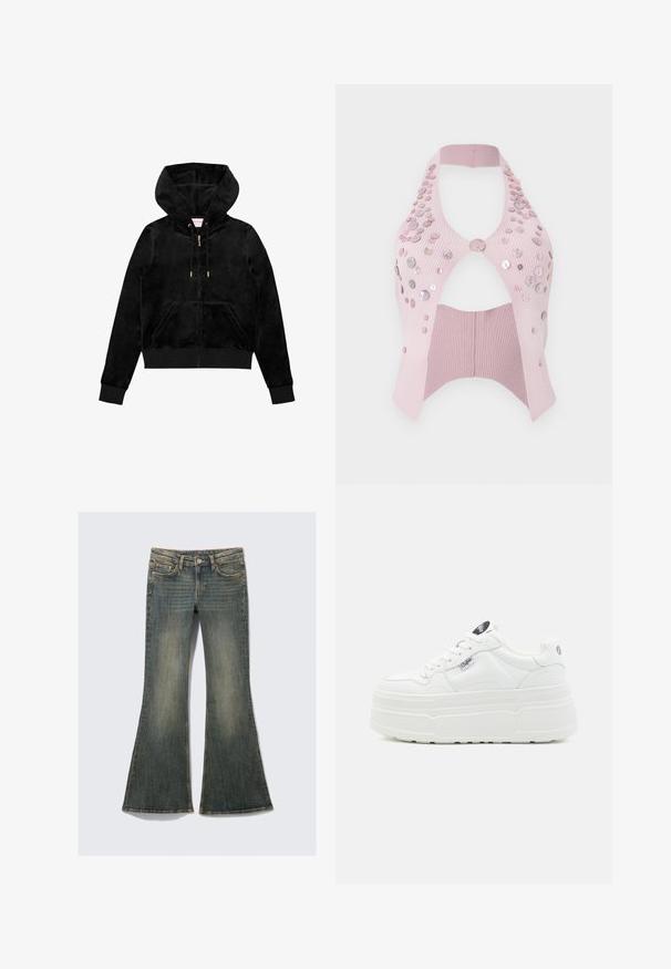 Sort fløjl zip-up hættetrøje med en frontlomme, guld hardware og en foret hætte med en subtil logo-detalje på brystet.; Lyserød ribbet kort top med halterneck, udført med udskæringer, pyntet med forskellige størrelser af blanke knapper på den ene side.; Vidtsiddende, mellemblå denimjeans med en falmet finish, der har fem lommer og syede detaljer på linningen og sømmene.; Hvide platform sneakers med en glat syntetisk overflade, rund tå, polstret krave og tekstureret sål. Har et kontrasterende logo-tag.