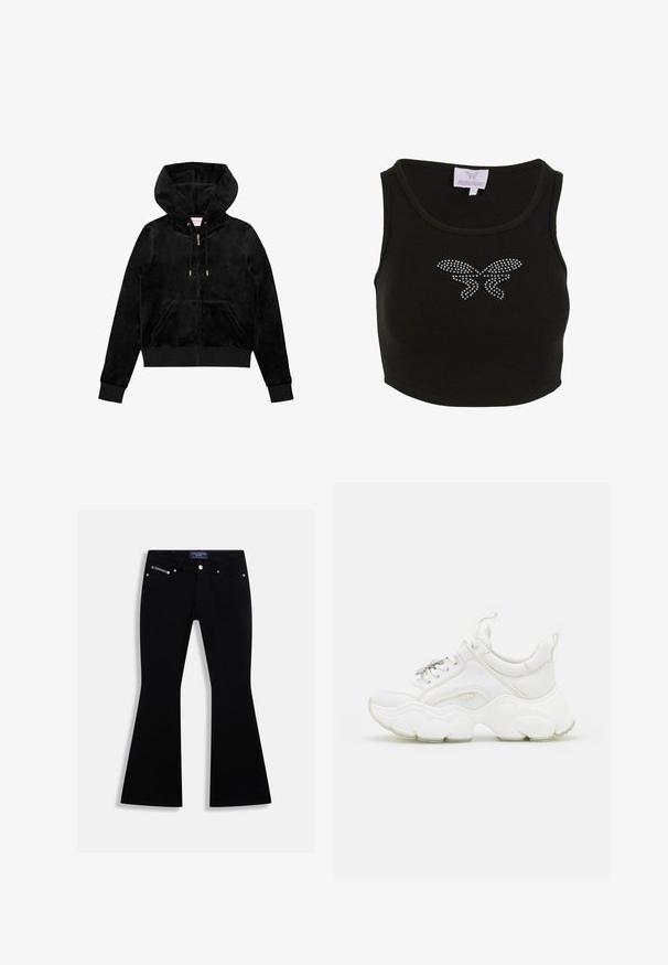 Zwarte velvet zip-up hoodie met een voorzak, gouden hardware en een gevoerde capuchon met een subtiele logo-detail op de borst.; Zwarte geribbelde crop top met een aansluitend ontwerp, voorzien van een vlindermotief van rhinestones aan de voorkant. Inclusief een label met de merknaam.; Zwarte flared jeans met vijf zakken, zilveren knoop en klinknagels, en een Juicy Couture-label op de tailleband en het muntzakje.; Witte chunky sneakers van leer en mesh-materialen, met een dikke zool, ronde neus en decoratieve veters. Licht gemêleerde accenten.