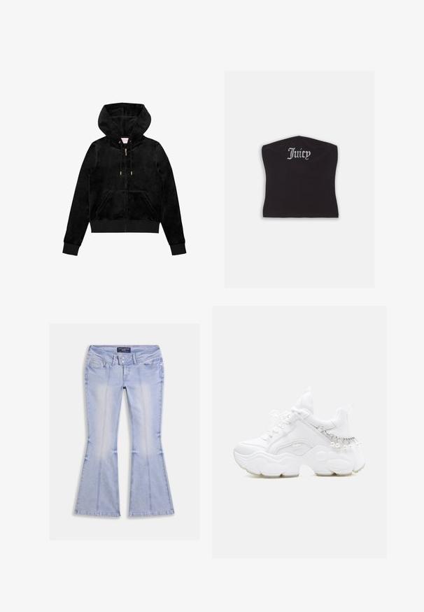 Sort fløjl zip-up hættetrøje med en frontlomme, guld hardware og en foret hætte med en subtil logo-detalje på brystet.; Sort tætsiddende crop top med en glat tekstur og en buet halsudskæring, udsmykket med rhinestones, der staver "Juicy" på forsiden.; Lyseblå flare jeans med lommer foran og bagpå, dobbelt knaplukning og synlige sømme hele vejen rundt.; Hvid chunky sneaker med tyk sål, snørelukning foran og kædedetalje med hængende perler på hælen.