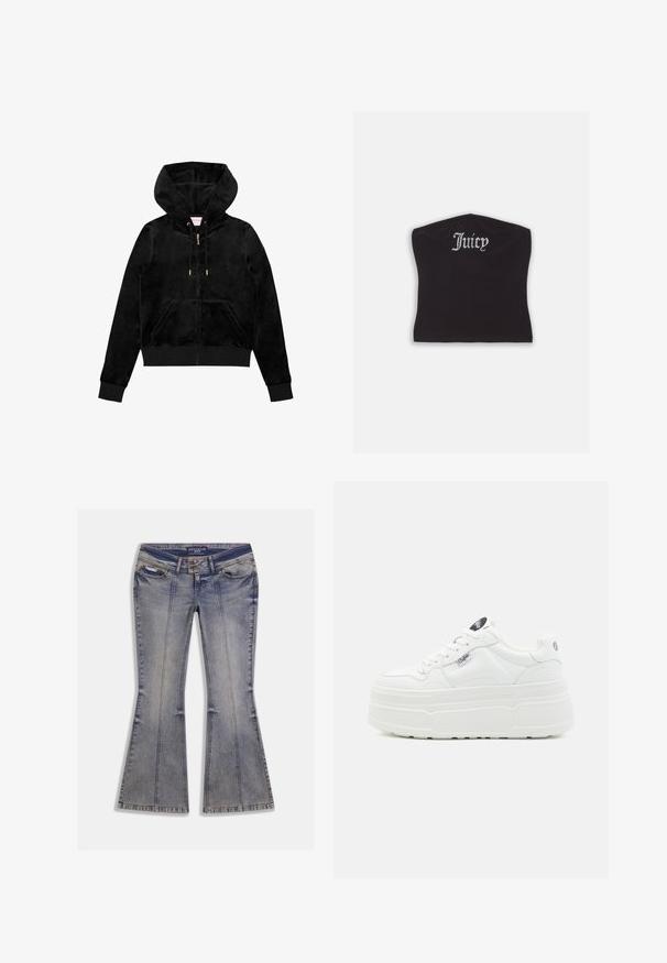 Mustast sametist kapuutsiga jakki, millel on ees tasku, kuldne riistvara ja voodriga kapuuts, millel on rindkeres diskreetne logo detail.; Must hakkidega crop top musta värvi, millel on sile tekstuur ja kaarjas kaelus, kaunistatud rhinestone-tähega sõnaga "Juicy" ees.; Heledate pleekinud laikudega kerge sinise värvusega lehvidega teksapüksid, esitaskud ja kontrastse õmblusega. Omaduseks on lukk ees ja bränditud vöökoht.; Valged platvormiksneakerid siledast sünteetilisest materjalist, ümmarguse varbaga, polsterdatud kaelusega ja tekstureeritud tallaga. Omab kontrastset logotagi.