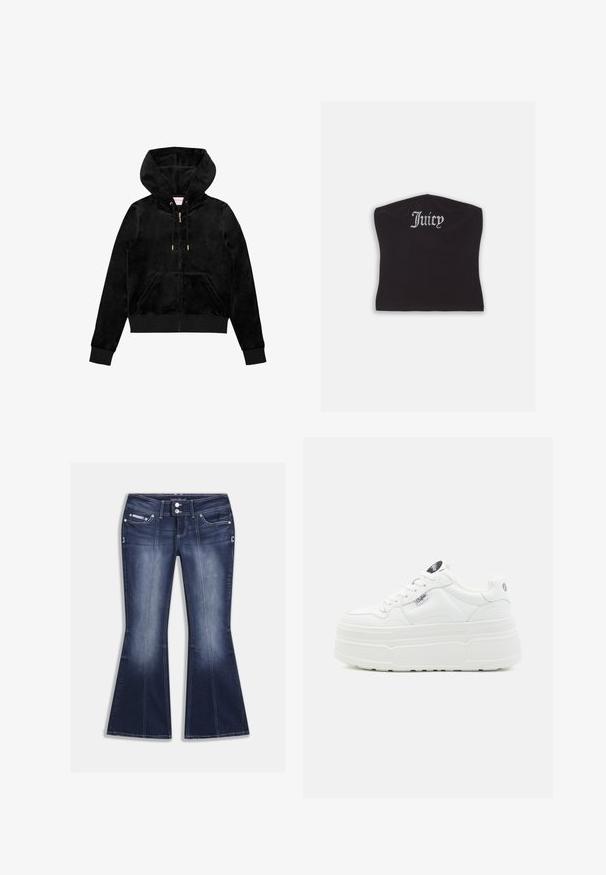 Sort fløjl zip-up hættetrøje med en frontlomme, guld hardware og en foret hætte med en subtil logo-detalje på brystet.; Sort tætsiddende crop top med en glat tekstur og en buet halsudskæring, udsmykket med rhinestones, der staver "Juicy" på forsiden.; Mørkeblå, viddeudvidede jeans lavet af denim, med fem lommer, kontrastsyninger og lukning med knap samt dekorative detaljer foran.; Hvide platform sneakers med en glat syntetisk overflade, rund tå, polstret krave og tekstureret sål. Har et kontrasterende logo-tag.