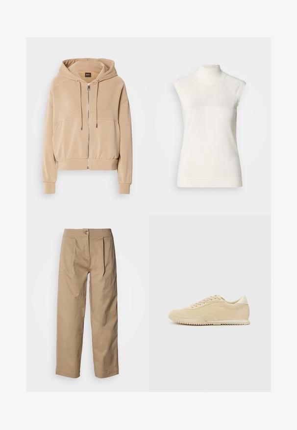 Hoodie beige avec zip sur le devant, cordons de serrage ajustables, poignets côtelés et coupe décontractée. Fabriqué en tissu léger et doux.; Haut sans manches à col roulé blanc en matière douce ; présente une coupe ajustée avec un col montant et une texture subtilement côtelée à l'ourlet.; Pantalon beige taille haute avec jambes droites, détails plissés et fermeture à bouton. Fabriqué en tissu de coton léger avec une texture lisse.; Baskets en suede beige avec un design à lacets, dessus texturé, semelle en caoutchouc contrastante et un léger talon. Style minimaliste avec un branding subtil.