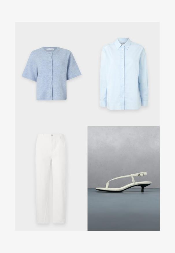 Hele sinine lühikeste varrukatega kardigan, mis on valmistatud pehmest kuduminaineest, ümmarguse kaelusega ja viie esimeses nööbiga kinnitusega.; Samsøe Samsøe SANOS SHIRT - Nööpidega pluus - skyway; Valged sirged teksapüksid, mis on valmistatud denimist, omavad nupuvajutuse sulgemist, kahte esikotti ja puhtaid õmblusi. Lihtne disain ilma nähtavate mustriteta.; Valge rihmadega kitten-kontsaga sandaal, millel on terav ninaosa, hõljumas puidust plaatpõranda kohal õues, taustal hägune taim ja sein.