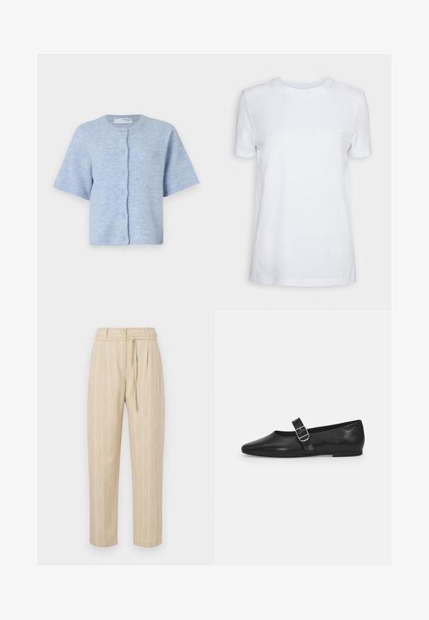 Cárdigan corto de manga corta de color azul claro, hecho de un suave tejido de punto, con un escote redondo y cinco botones en la parte delantera.; Camiseta blanca lisa de manga corta con cuello redondo, ajuste regular y una pequeña etiqueta interior en el cuello que dice "SELECTED FEMME."; Pantalones a rayas beige con un corte relajado, que cuentan con una cintura ajustada, cierre de botón y cinturón de lazo, confeccionados en un tejido ligero.; Zapato plano de cuero negro con punta redondeada, una sola correa ajustable con hebilla y una textura suave y brillante. Diseño minimalista con un tacón bajo.