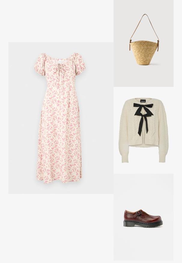 Creme kabelstrikket sweater med sort båndsløjfe ved halsen, lange ærmer samt ribstrikkede manchetter og kant. Blød tekstur, afslappet pasform.; Creme midi-kjole med pink blomstermønster, puff ærmer, firkantet udskæring og bindedetalje foran.; Bordeaux-rødt læder Mary Jane-sko med spænde, tekstureret krokodillemønster og en kraftig sort gummisål, med rundet tådesign.; Flettet stråtaske med bred bund, smal top og justerbar brun læder skulderrem.