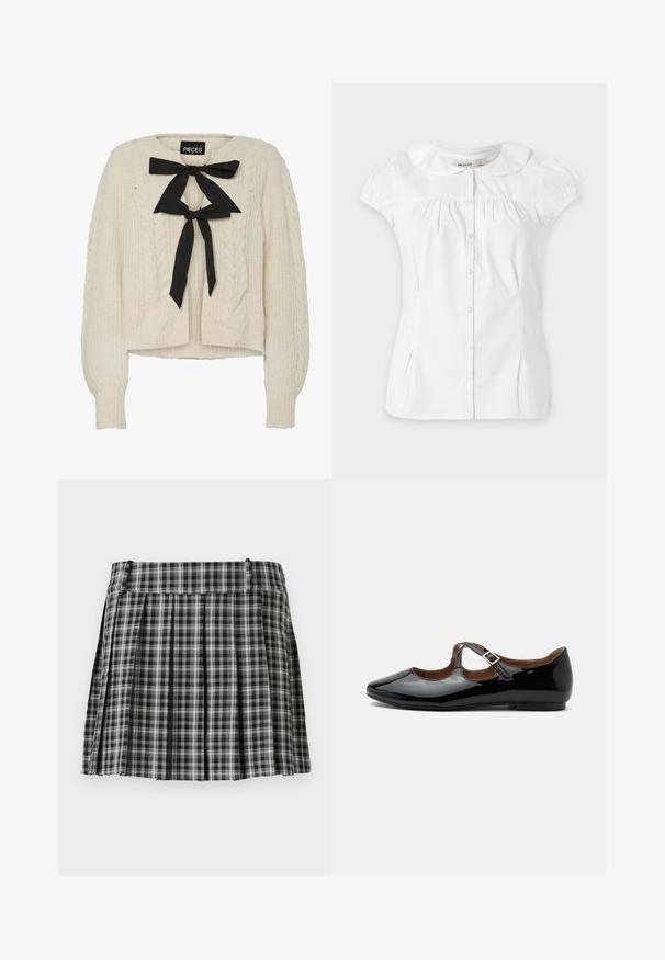 Creme kabelstrikket sweater med sort båndsløjfe ved halsen, lange ærmer samt ribstrikkede manchetter og kant. Blød tekstur, afslappet pasform.; Hvid bluse med korte ærmer og rundet Peter Pan-krave, knapper foran, let rynkning under halsen og subtile sidelommer.; Sort-hvidt ternet plisseret nederdel med en glat talje og flere lodrette folder. Fremstillet af let stof.; Sort laklæder Mary Jane-flad sko med to udskæringer og en guldbuckelrem på hvid baggrund.