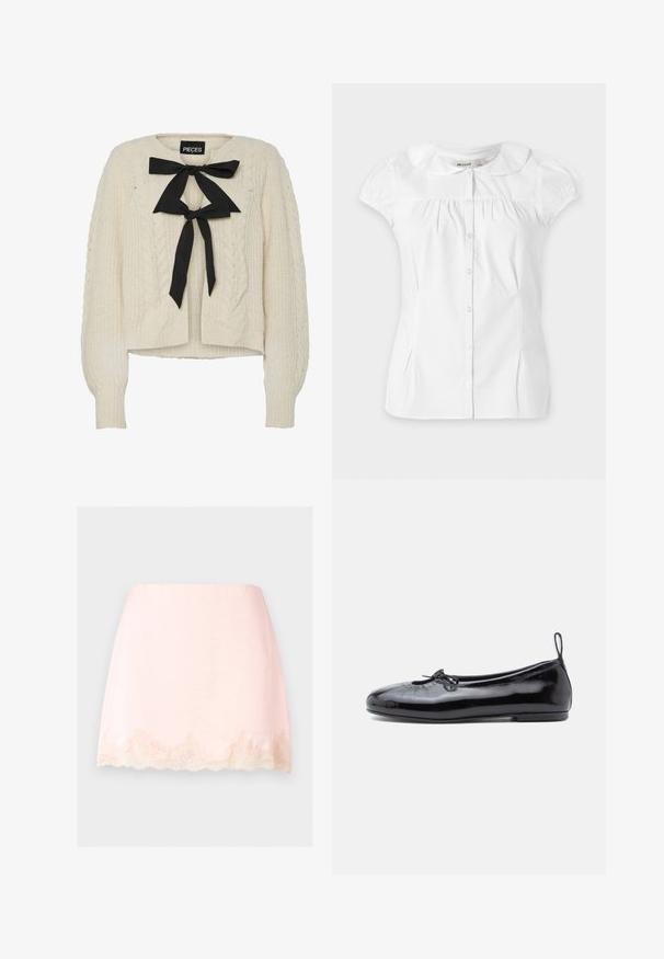 Crème kabelgebreide trui met zwarte lintstrik bij de halslijn, lange mouwen en geribbelde manchetten en onderkant. Zachte textuur, casual pasvorm.; Witte blouse met korte mouwen en afgeronde Peter Pan-kraag, knopen aan de voorkant, lichte plooitjes onder de halslijn en subtiele zijplooien.; Lichtroze minirok met gegolfde kanten afwerking aan de zoom, gladde stof en een strak, eenvoudig ontwerp tegen een effen achtergrond.; Zwarte gepoetste leren balletschoenen met een ronde neus, een klein strikje en een gladde textuur; heeft een lage platte zool en een lusje aan de hiel.