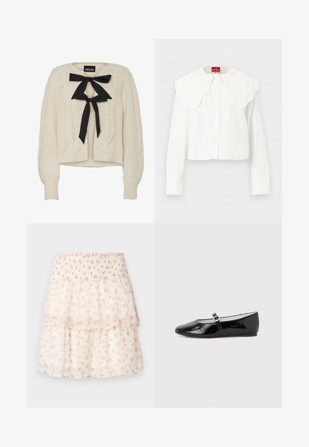 Creme kabelstrikket sweater med sort båndsløjfe ved halsen, lange ærmer samt ribstrikkede manchetter og kant. Blød tekstur, afslappet pasform.; Hvid langærmet bluse med stor bølget broderet krave og knaplukning foran, vist på ensfarvet baggrund.; Blomstret lagdelt nederdel lavet af letvægtsstof. Har en smocket talje, lyserøde blomster og en cremefarvet baggrund med en blød, gennemsigtig tekstur.; Sorte balletsko i laklæder med spids tå, med en lille rem og rund spænde detalje på siden. Flad sål design.