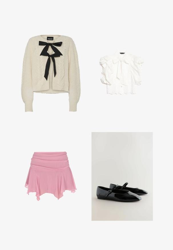 Creme kabelstrikket sweater med sort båndsløjfe ved halsen, lange ærmer samt ribstrikkede manchetter og kant. Blød tekstur, afslappet pasform.; Hvid øjlet bluse med puffede ærmer, bølget kant og bundet sløjfe ved kraven, mærket "sister jane".; Lyserød plisseret nederdel med en ujævn kant, blød tekstur og elastisk talje, der har let, svævende stof.; Sorte patentlæder ballerinaer med spidse tæer, flad sål og en smal rem over vristen med en rund spænde detalje.