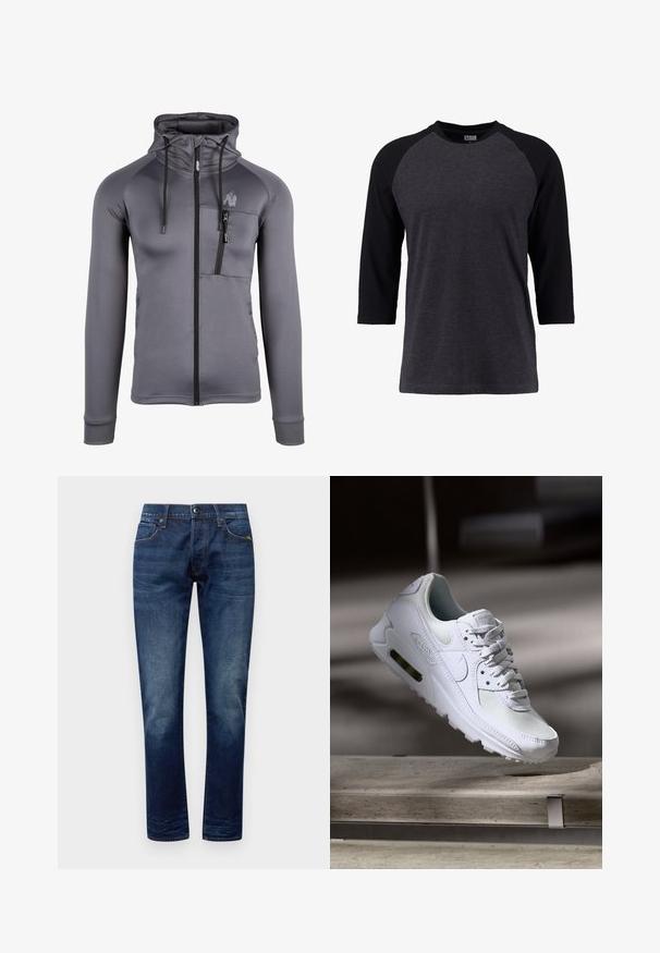 Grijze zip-up hoodie gemaakt van zachte stof, met een hoge kraag, trekkoorden, zijzakken en een borstzak met rits.; T-shirt met driekwartmouwen in donkergrijs met zwarte raglanmouwen. Katoenmix stof, ronde halslijn, eenvoudig ontwerp zonder graphics.; Denim jeans in donkerblauw met een gladde textuur, rechtlopende pasvorm, vijf zakken en oranje stiksels op de naden en zakken.; Witte Nike Air Max 90 sneaker met een bovenwerk van mesh en leer, een geperforeerde teenbox en een zichtbare luchtunit in de hiel.