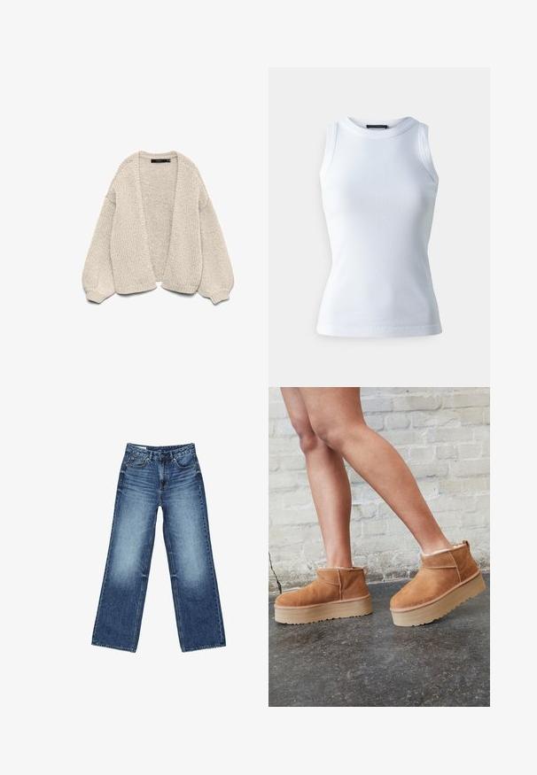 Cardigan beige en maille grosse avec manches longues ballon, devant ouvert et poignets côtelés, présenté sur un fond blanc.; T-shirt sans manches blanc en tissu côtelé, avec un col rond et une silhouette ajustée. Texture lisse, sans motifs ni accents visibles.; Jean en denim bleu avec une taille haute, une fermeture à boutons et glissière à l'avant, des poches avant et arrière, et un lavage légèrement délavé.; Bottines en suède marron avec une doublure en peluche, semelle épaisse en beige et une poignée à l'arrière. Surface texturée avec des détails de couture visibles.