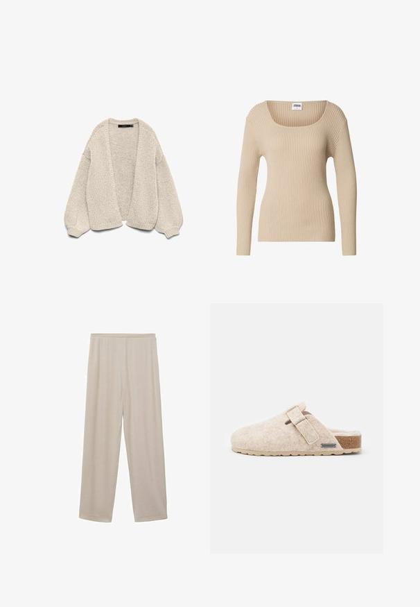 Cardigan beige en maille grosse avec manches longues ballon, devant ouvert et poignets côtelés, présenté sur un fond blanc.; Pull côtelé beige avec un col carré et des manches longues, fabriqué en tissu doux et texturé. Design simple, idéal pour superposer.; Pantalons en coton beige légers, avec une coupe droite, une taille élastique et une texture douce. Pas de motifs ni de matériel visible.; Shepherd HILMA - Chaussons - creme