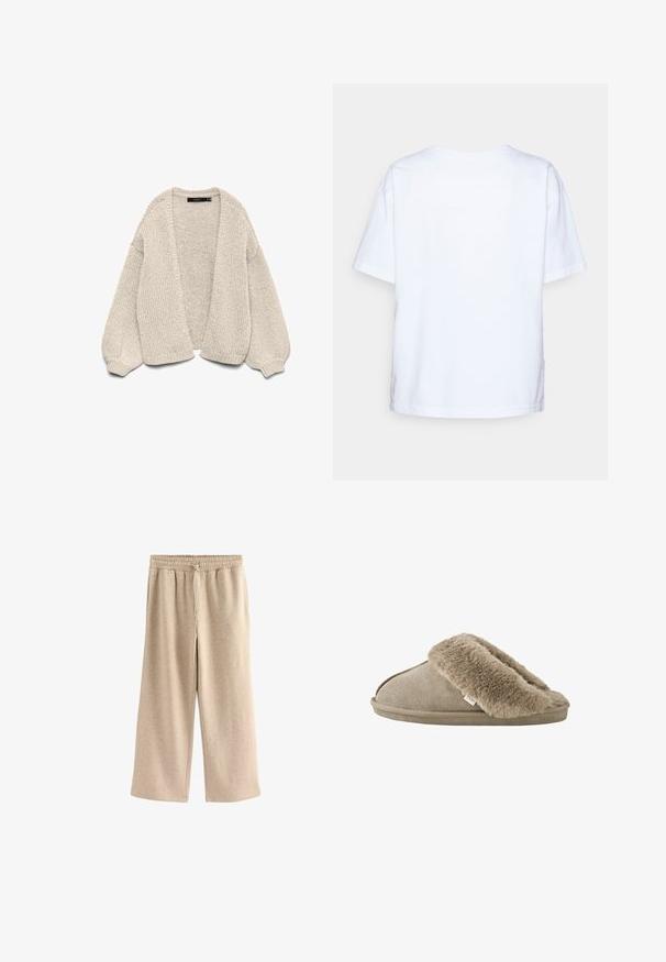 Beige chunky strikket cardigan med lange ballonærmer, åben front og ribstrikkede manchetter, vist på en hvid baggrund.; Enkelt hvid kortærmet bomulds t-shirt vist bagfra mod en lys grå baggrund.; Cremefarvede breddebenede bukser lavet af blødt bomuldsblandingsstof. Har en elastisk talje med snor og en subtil plettet tekstur.; Beige slip-on tøfler med blød, plyssede pelsforing omkring åbningen og en ydersål med ruskindslignende overflade.