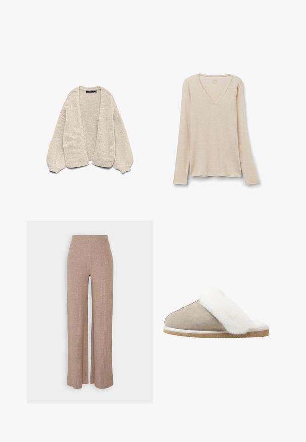 Beige chunky strikket cardigan med lange ballonærmer, åben front og ribstrikkede manchetter, vist på en hvid baggrund.; Langærmet V-hals top i lys beige stof med en blød tekstur. Afslappet pasform med lige kant og minimalistisk design.; Beige ribbede vide bukser med høj talje og blød tekstur, der har en løs pasform og ingen synlige lukninger.; Suedelæders slipsko i lys beige med en hvid, fluffy pelskant over det øverste, med en struktureret ydersål for greb og komfort.