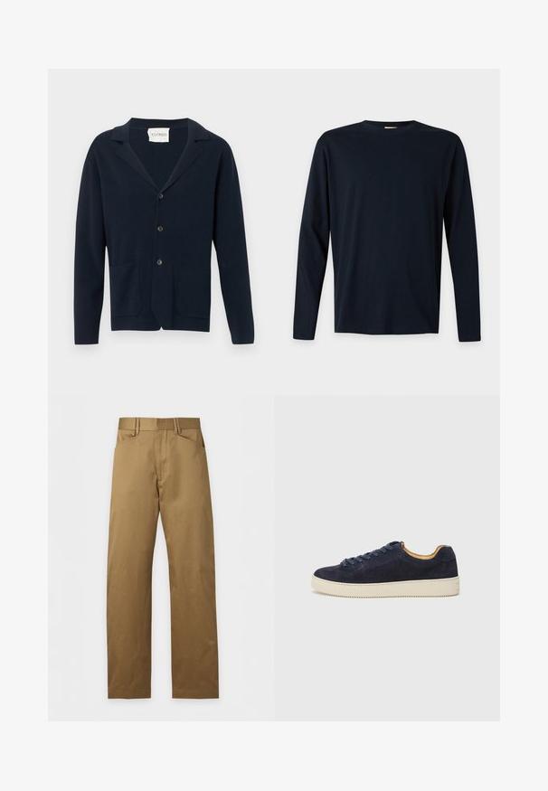 Gilet boutonné bleu marine avec deux poches à l'avant et un col, présenté sur un fond blanc.; T-shirt noir uni à manches longues avec col rond et coupe régulière, présenté sur fond blanc.; Pantalon kaki droit avec passants de ceinture et poches avant, posé à plat sur un fond clair.; Baskets basses en suede bleu marine avec bout arrondi, semelle en caoutchouc blanc cassé et lacets assortis ; dotées d'une doublure intérieure contrastante couleur tan.