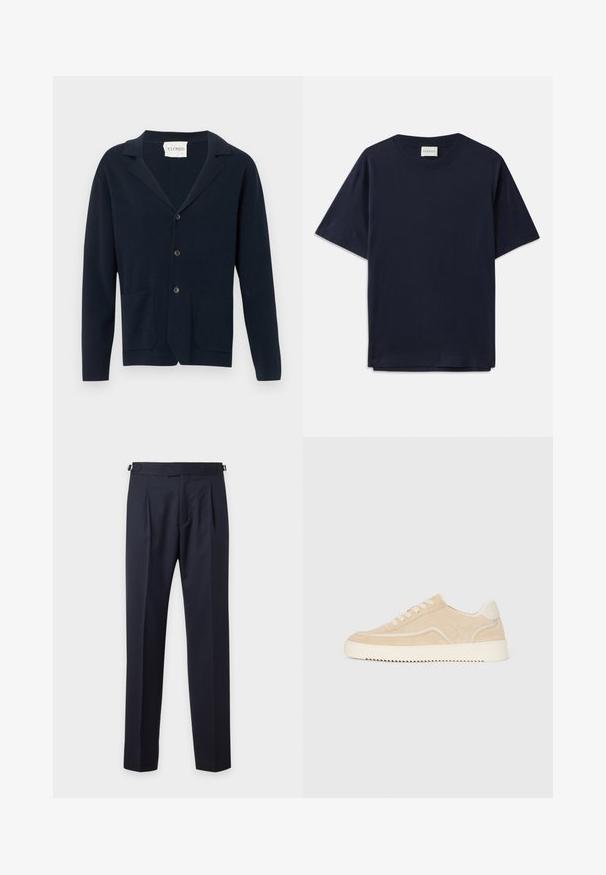 Gilet boutonné bleu marine avec deux poches à l'avant et un col, présenté sur un fond blanc.; T-shirt en coton bleu marine à manches courtes, col rond et coupe décontractée. L'étiquette indique "CLOSED" au niveau du col. Texture lisse.; Pantalon habillé bleu marine cintré avec plis, pattes latérales ajustables et coupe droite slim sur un fond clair uni.; Baskets en daim beige avec semelle et lacets blancs, design basse, et motif de semelle en zigzag.