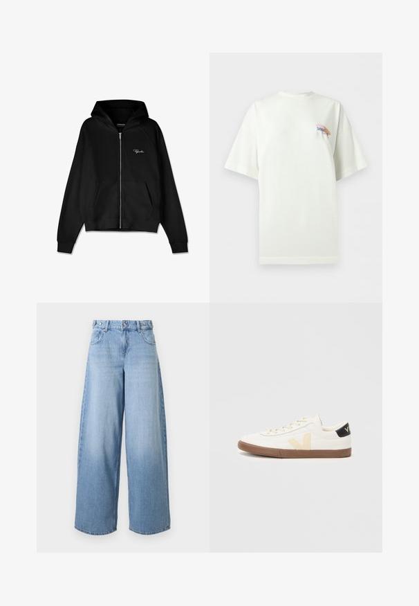 Sort zip-up hættetrøje med ribbet tekstur, kengurulommer og en stor hætte. Har hvidt logo på øverste venstre side.; Hvid oversized t-shirt med korte ærmer og lille farverigt "SUNSET est. 1972" tekst samt abstrakt design på øverste venstre bryst.; Lysblå jeans med højtaljet vid ben, foran med knap, lynlås og fem lommer på hvid baggrund.; Hvide sneakers lavet af glat syntetisk materiale, med et beige V-logo, lysbrun gummisål og sorte hælaccenter.