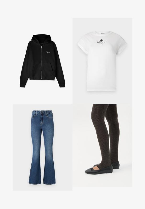 Sort zip-up hættetrøje med ribbet tekstur, kengurulommer og en stor hætte. Har hvidt logo på øverste venstre side.; Hvid bomulds-t-shirt med rund halsudskæring og opkrogede korte ærmer. Har et trykt sort logo, der siger "REPLAY NOT ORDINARY."; Blå flared denimjeans med høj talje, der har et standard design med fem lommer og knaplukning. Blød tekstur med lettonede detaljer.; Ben iført mørke ribbede leggings kombineret med sorte balletsko med små sløjfedetaljer på hvid baggrund.