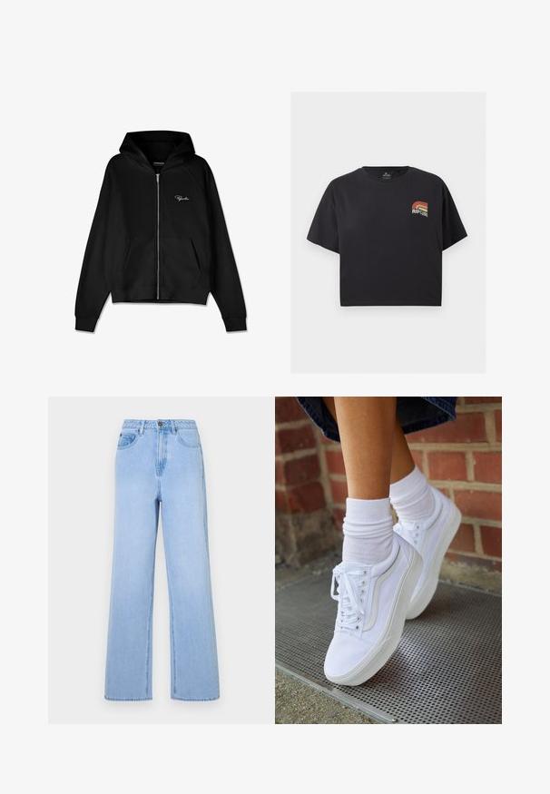 Sudadera con cremallera negra de textura acanalada, con bolsillos tipo canguro y una capucha grande. Presenta un logo blanco en la parte superior izquierda.; Camiseta negra corta de manga corta con pequeño logo retro de Rip Curl en naranja y beige en el pecho izquierdo.; Jeans de tiro alto en azul claro con un diseño de pierna ancha, hechos de mezclilla. Presentan costuras prominentes y un estilo de cinco bolsillos.; Zapatillas de lona blancas con suelas de goma, que presentan seis ojales, puntera redonda y detalles de costura ligera, combinadas con calcetines blancos hasta el tobillo.