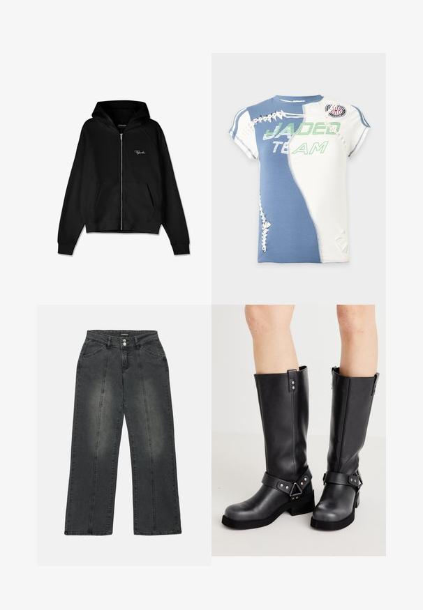 Sudadera con cremallera negra de textura acanalada, con bolsillos tipo canguro y una capucha grande. Presenta un logo blanco en la parte superior izquierda.; Camisa de manga corta con paneles azules y blancos, texto verde "JADED TEAM," y detalles decorativos blancos con cordones en el frente y las mangas.; Jeans de pierna ancha en denim gris oscuro, con cintura alta, bolsillos frontales dobles, costuras centrales y un sutil desvanecimiento en la tela.; Botas de cuero negro hasta la rodilla con un eje ancho, detalles de correas, herrajes plateados y una suela plana. Textura suave con un ligero brillo.
