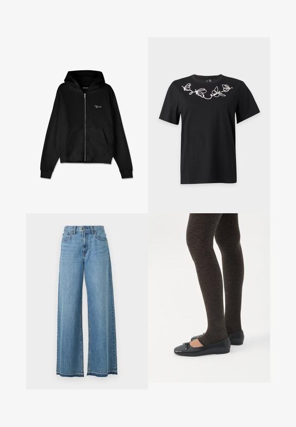 Sudadera con cremallera negra de textura acanalada, con bolsillos tipo canguro y una capucha grande. Presenta un logo blanco en la parte superior izquierda.; Camiseta negra de manga corta con diseño bordado en blanco de mariposa y enredadera en la parte superior del pecho y el escote.; Jeans de tiro alto y pierna ancha en azul claro, con botones frontales, cremallera y diseño clásico de cinco bolsillos sobre un fondo blanco.; Piernas con leggings oscuros acanalados combinados con bailarinas negras que presentan pequeños detalles de lazo sobre un fondo blanco.