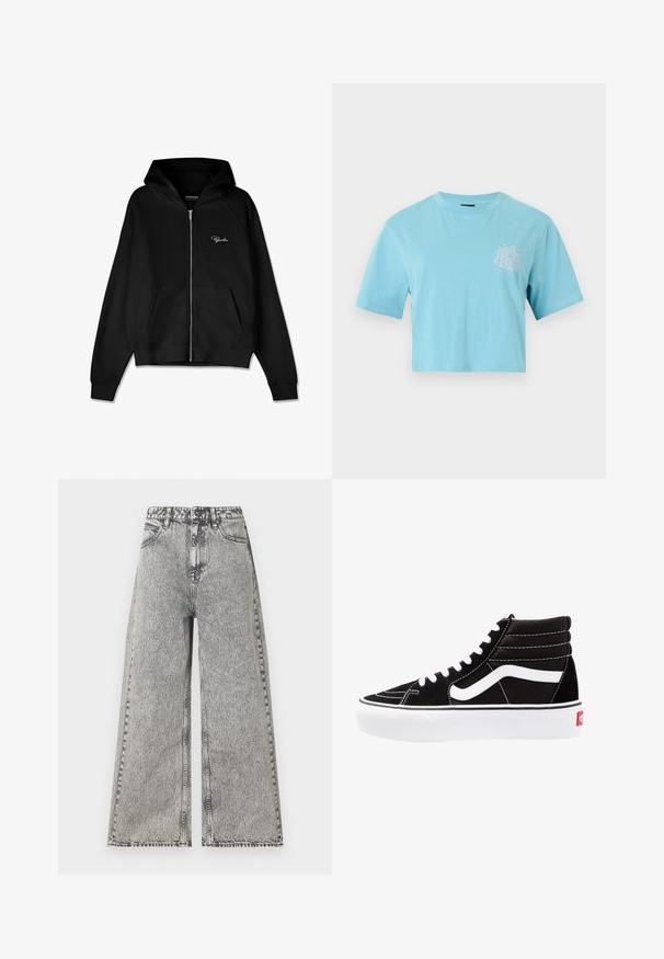 Sudadera con cremallera negra de textura acanalada, con bolsillos tipo canguro y una capucha grande. Presenta un logo blanco en la parte superior izquierda.; Camiseta corta de manga corta en azul claro con cuello redondo y pequeño diseño abstracto blanco en el pecho izquierdo.; Jeans de pierna ancha en denim negro desgastado, con una cintura alta, diseño clásico de cinco bolsillos y detalles de costura visibles.; Zapatillas altas negras con cordones blancos, un logo blanco y costuras en blanco que contrastan. Presentan una suela blanca gruesa y una parte superior de ante texturizado.