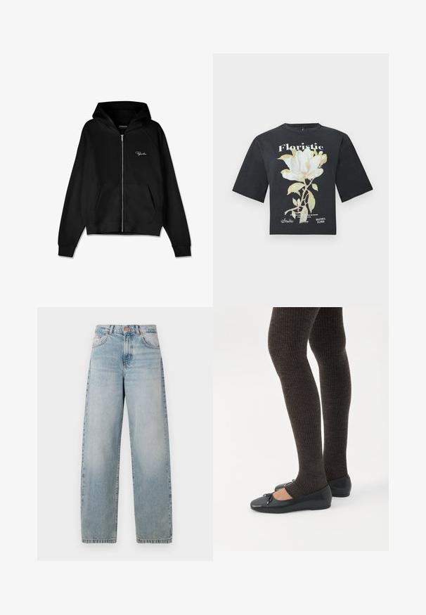 Sort zip-up hættetrøje med ribbet tekstur, kengurulommer og en stor hætte. Har hvidt logo på øverste venstre side.; Sort oversized t-shirt med stort hvidt og grønt blomstermotiv samt teksten "Floristic" og "Beautiful Flower" foran.; Lyst blå denim jeans med en løs pasform, høj talje, fem lommer og en let falming. Har metalknap og syning detaljer.; Ben iført mørke ribbede leggings kombineret med sorte balletsko med små sløjfedetaljer på hvid baggrund.