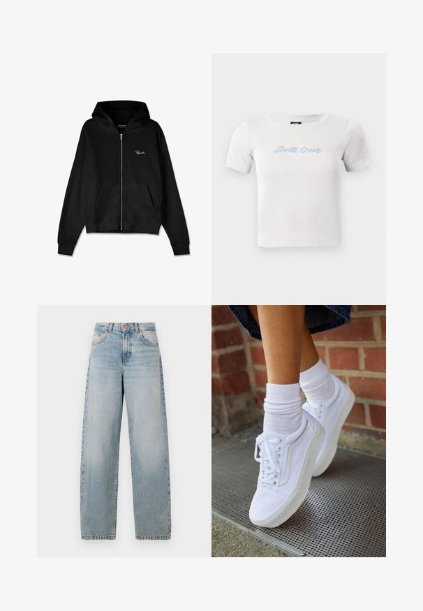 Zwarte zip-up hoodie met ribbelstructuur, kangoeroe pockets en een grote capuchon. Heeft een wit logo aan de bovenkant aan de linkerkant.; Witte katoenen t-shirt met korte mouwen, voorzien van een lichtblauwe "Santa Cruz" scriptlogo en hartafbeelding in het midden.; Lichtblauwe denim jeans met een losse pasvorm, hoge taille, vijf zakken en een lichte vervaging. Heeft metalen knopen en stiksels als accenten.; Witte canvas sneakers met rubberen zolen, voorzien van zes vetertjes, een ronde neus en lichte stikdetails, gecombineerd met witte enkelsokken.