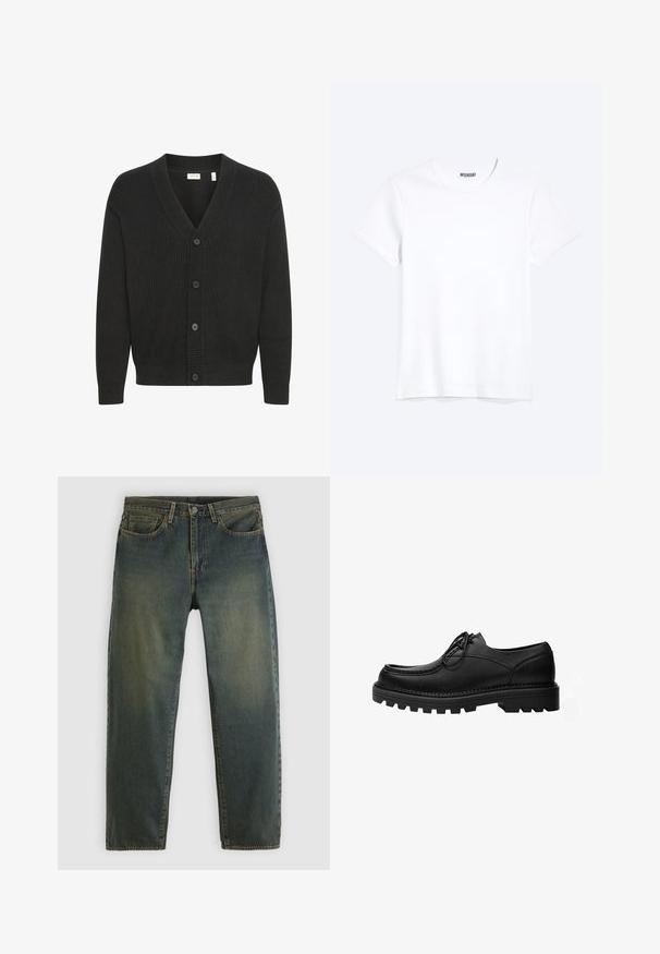 Solid SDNALLI - Gilet - true black; T-shirt blanc uni à manches courtes et col rond avec une étiquette de la marque WEEKDAY visible au niveau du col, présenté sur un fond clair.; Jean en denim vert foncé avec design à cinq poches, fermeture par bouton, et coupe droite, présenté sur un fond clair uni.; Chaussure noire en cuir à lacets avec une semelle épaisse et robuste et des coutures détaillées sur la tige, conçue pour un usage formel ou décontracté.