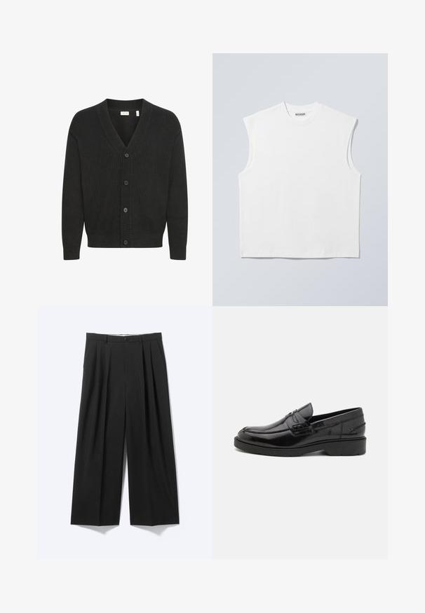 Solid SDNALLI - Gilet - true black; Haut blanc sans manches en coton à col rond avec épaules structurées, marqué "WEEKDAY" sur l'étiquette du col, présenté sur un fond gris clair.; Pantalon noir à jambes larges avec plis sur le devant, passants pour ceinture et fermeture à bouton, présenté sur un fond clair uni.; Mocassins en cuir noir avec une finition lisse, un bout rond, un petit talon et descoutures décoratives à l'avant. Semelle en caoutchouc pour l'adhérence.