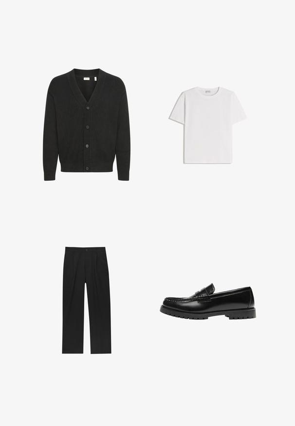 Solid SDNALLI - Gilet - true black; T-shirt en coton blanc avec un col rond et des manches courtes. Présente une coupe classique et carrée, sans motifs ni accents visibles.; Pantalons noirs au design droit, fabriqués à partir d'un tissu lisse. Dotés de plis sur le devant et d'une fermeture à un bouton à la taille.; Mocassin en cuir noir avec une semelle en caoutchouc épaisse et un détail classique de bride à monnaie, vu de côté extérieur.