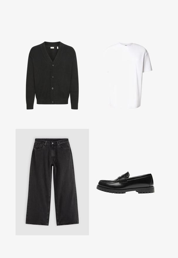 Solid SDNALLI - Gilet - true black; T-shirt blanc uni à manches courtes avec un col rond et un tissu légèrement texturé, présenté sur un fond blanc.; Jean en denim noir à jambes larges avec poches avant, passants pour ceinture et fermeture par boutons, présenté sur un fond clair uni.; Mocassin en cuir noir avec une semelle en caoutchouc épaisse et un détail classique de bride à monnaie, vu de côté extérieur.