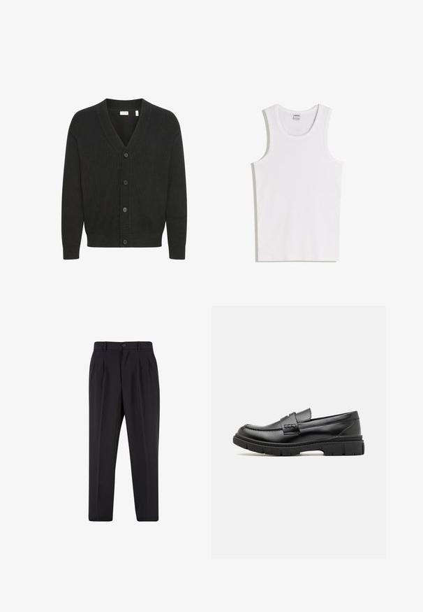 Solid SDNALLI - Gilet - true black; Débardeur blanc en coton avec un col rond et de larges bretelles. Texture lisse, sans motifs ni accents, design simple.; Pantalon noir sur mesure avec plis à l'avant, passants pour ceinture et fermeture par bouton à la taille.; Mocassin en cuir noir avec une large sangle sur le devant, semelle en caoutchouc à épaisse rainure, et texture lisse. Design classique et élégant.