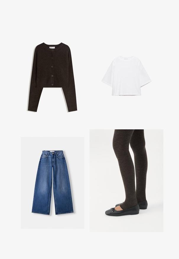 Cardigan marron court en matière douce, avec un col rond, cinq boutons et des manches longues bordées de côtes.; T-shirt blanc à manches courtes, coupe carrée, en coton doux. Présente un col rond et des manches larges, avec un design épuré et simple.; Jeans en denim bleu à jambes larges avec poches avant, passants de ceinture et fermeture par bouton, posés à plat sur un fond clair.; Jambes portant des leggings côtelés foncés associés à des ballerines noires avec de petits détails en nœud sur fond blanc.