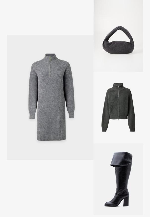 LeGer by Lena Gercke CINDY JUMPER - Ζακέτα - graumeliert; Γκρι πλεκτό φόρεμα με ριπ υφή, μακριά μανίκια, μήκος μέχρι το γόνατο και μισό φερμουάρ μπροστά σε ψηλό γιακά, εμφανίζεται σε απλό φόντο.; Ψηλή μαύρη δερμάτινη μπότα με τακούνι, διπλωμένη μανσέτα και στρογγυλεμένη μύτη, όρθια σε λευκό φόντο.; Σκούρο γκρι ύφασμα τσάντα με καμπύλη λαβή, μαλακή υφή και στρογγυλό σχήμα. Χωρίς ορατά αξεσουάρ ή στολίδια.
