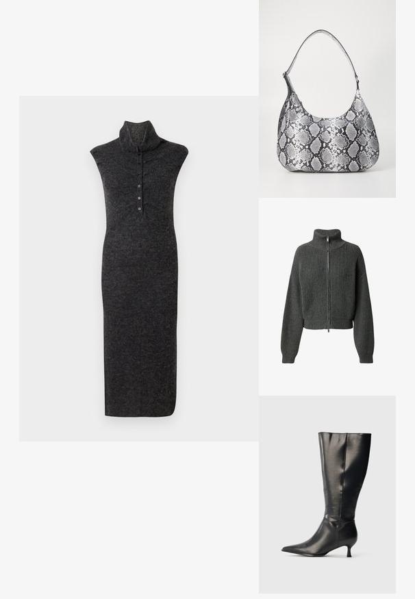LeGer by Lena Gercke CINDY JUMPER - Ζακέτα - graumeliert; Σκούρο γκρι, αμάνικο φόρεμα με ψηλό γιακά, μήκους μέχρι το γόνατο, με πατιλέτα κουμπιών μπροστά και λεία, υφή πλεκτού υλικού.; Μαύρη δερμάτινη μπότα μέχρι το γόνατο με μυτερό μπροστινό μέρος και χαμηλό τακούνι στιλέτο, εμφανίζεται σε απλό φωτεινό φόντο.; Μαύρη και άσπρη τσάντα ώμου με σχέδιο φιδιού, στρογγυλή μορφή, λεία υφή και καμπύλη λουρί. Διαθέτει μεταλλικό αξεσουάρ σε ασημί απόχρωση.
