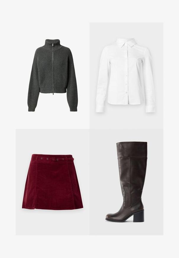 LeGer by Lena Gercke CINDY JUMPER - Ζακέτα - graumeliert; Λευκό πουκάμισο με μακριά μανίκια κουμπιά, με μυτερό γιακά, ίσια τελείωμα και εφαρμοστή σιλουέτα, εμφανίζεται σε απλό φωτεινό φόντο.; Σκούρα κόκκινη φούστα από κορντόν με αντίστοιχη ζώνη και μεταλλικά κρίκους, με ελαφρύ σχήμα σε γραμμή Α και λεπτομέρεια στο μπροστινό μέρος.; Καφέ δερμάτινη μπότα μέχρι το γόνατο με στρογγυλή μύτη και τακούνι τύπου stacked. Έχει λεία υφή και λεπτομέρεια με ραφές στο πλάι.